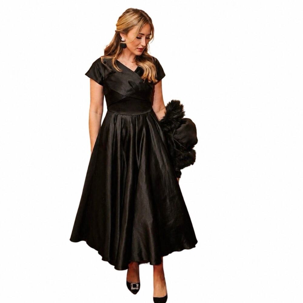 Ivy City Co Audrey Dress Black Satin Midi Wedding Guest Cocktail Elegant Small